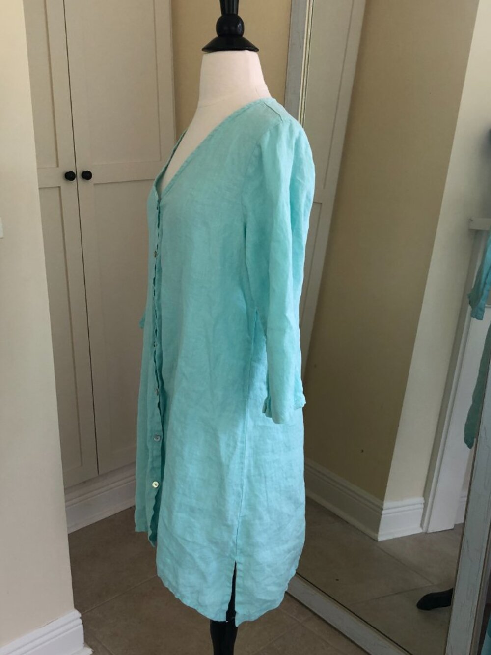 Russ Berens Aqua Blue Linen Full Button Tunic Top Medium Roomy Beachy Coastal - Picture 4 of 10